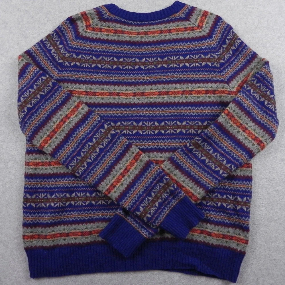 Lands End Sweater Mens Large Wool Blend Pullover Knit Blue Fair Isle Long Sleeve